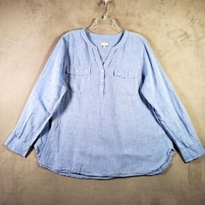 Talbots Popover Top Womens XL Blue Linen Blend Tunic Lagenlook Beach Coastal